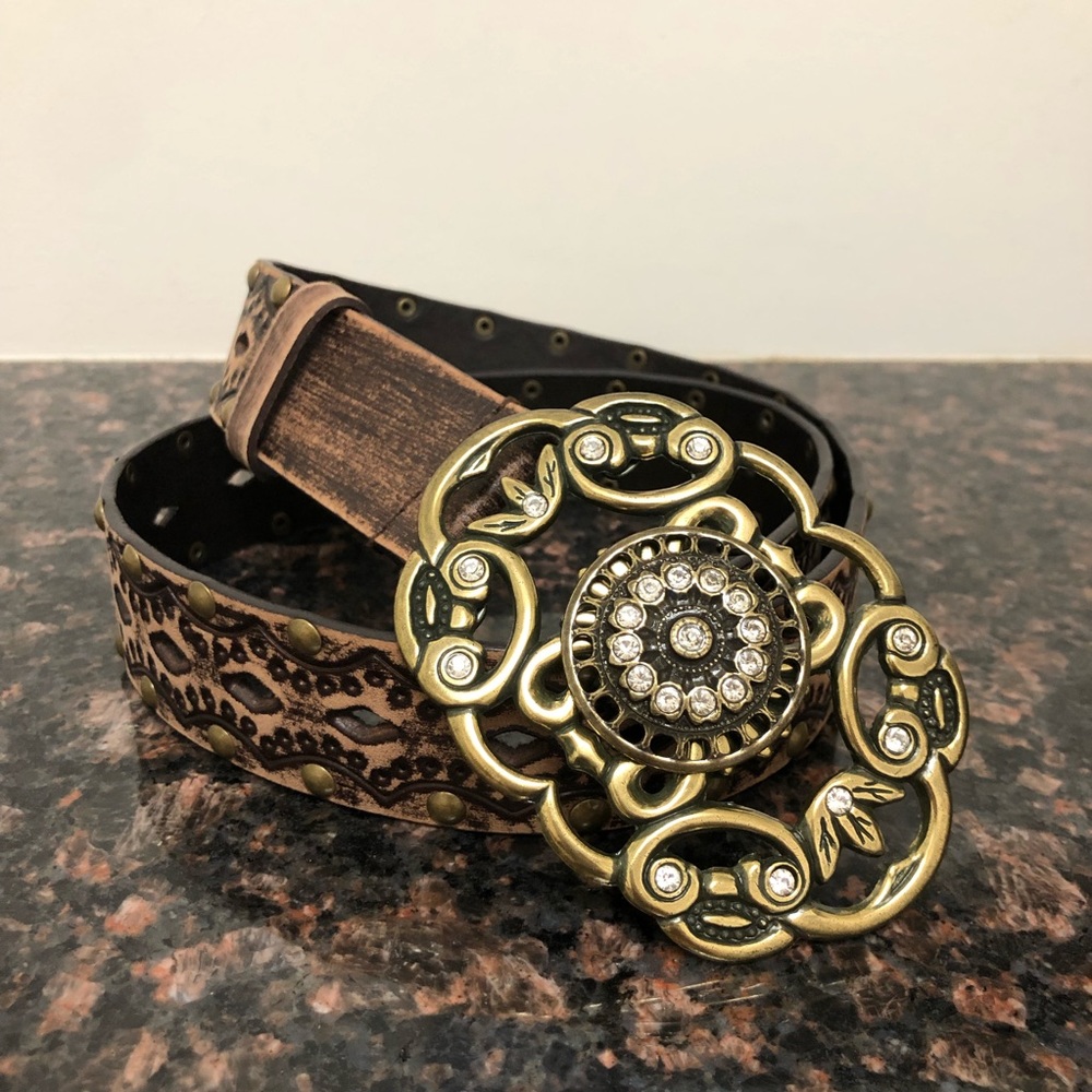 Y2K Aldo Tooled Leather Studded Belt with Oversized Ornate Buckle